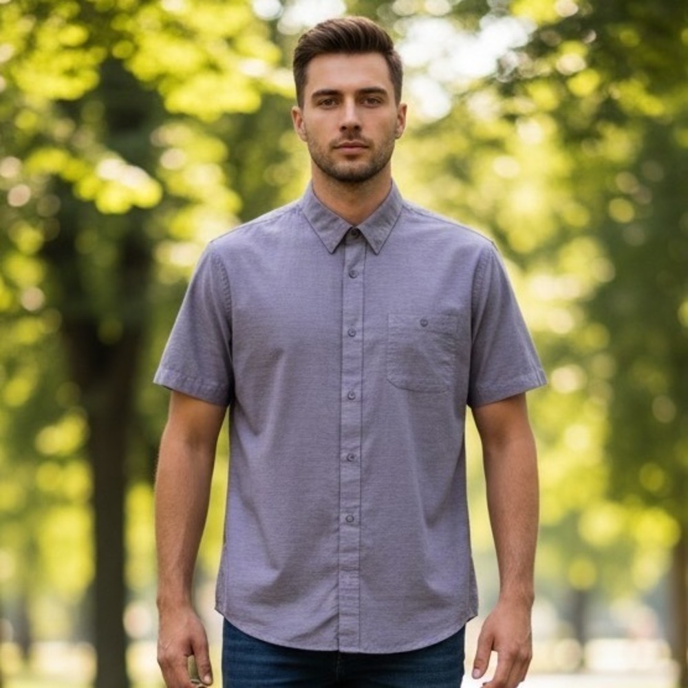 Travis Mathew Men XL Purple Heathered Short Sleeve Button Down Shirt Golf Casual
